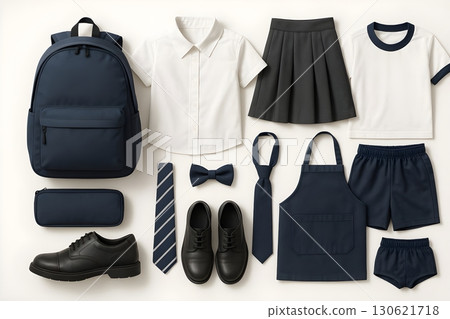 Flat lay of school uniform and accessories: navy backpack, white shirt, pleated skirt, gym tee, shorts, apron 130621718