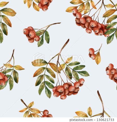 Rowanberry branch with leaves. Autumn floral seamless pattern on light blue background. Watercolor hand drawn illustration for fall design, home textile, wrapping paper, wallpaper, fabric 130621733