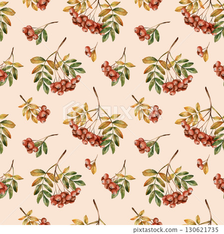 Rowan branch with ripe red berries and leaves. Autumn floral seamless pattern on beige background. Watercolor hand drawn illustration for fall design, home textile, wrapping paper, wallpaper, fabric 130621735