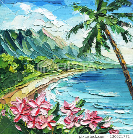 tropical beach landscape with palm tree and pink flowers impasto oil painting ocean coast textured canvas summer wall art decor tropical beach landscape with palm tree and pink flowers impasto oil painting ocean coast textured canvas summer wall art decor 130621771