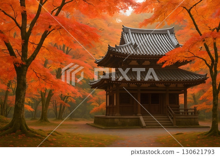 Traditional Japanese temple amid fiery autumn maple trees, soft morning mist 130621793