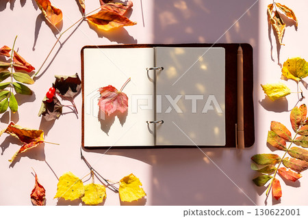 Open notebook with blank pages and pen, surrounded by colorful Fall leaves and berries on pink background. 130622001