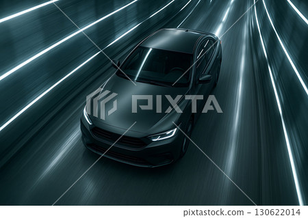 AI-generated image of a matte black sedan running through a trail of light 130622014