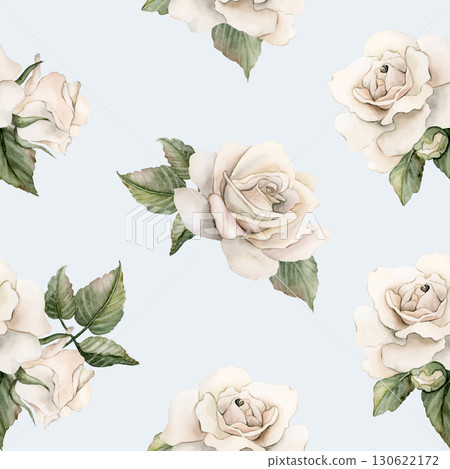 White Roses with leaves Watercolor hand painted Victorian floral seamless pattern on light blue background rustic garden flowers for wedding design home table textile fabric crockery wrapping paper 130622172