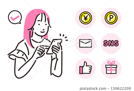 Person Young woman operating a smartphone and icon set Person Young woman operating a smartphone and icon set 130622209
