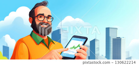digital marketer smiling while using smartphone to analyze data in cityscape. vibrant background adds positive vibe 130622214