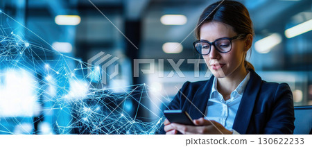 focused business professional modern office uses smartphone, surrounded by digital connections, reflecting innovation 130622233