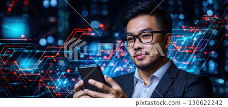 business professional utilizing smartphone in modern, tech inspired environment, showcasing focus and engagement 130622242