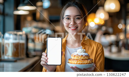 cheerful woman in cafe holds smartphone and plate of pastries, showcasing delightful moment 130622247