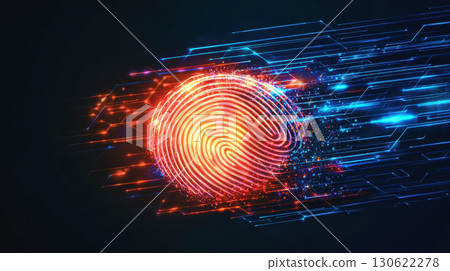 vibrant glowing fingerprint with dynamic lines representing speed and technology, symbolizing security and identity 130622278