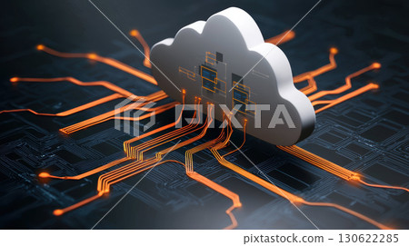 Cloud computing technology with digital connections and circuits, symbolizing data transfer and storage 130622285