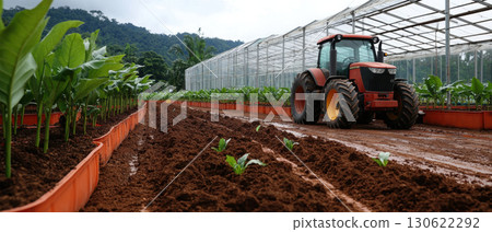 farming tractor parked beside rows of young banana plants in greenhouse, showcasing agricultural productivity and growth 130622292