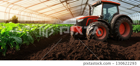 modern farming tractor working greenhouse filled with vibrant green crops, showcasing agricultural productivity and innovation 130622293