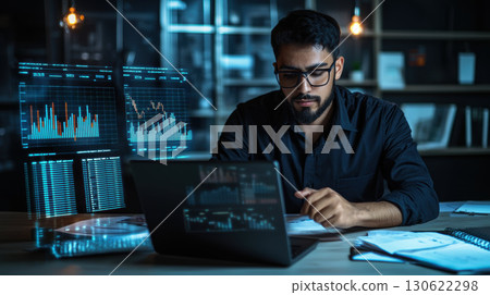 financial analyst working with advanced software, analyzing data on multiple screens in modern office environment financial analyst working with advanced software, analyzing data on multiple screens in modern office environment 130622298