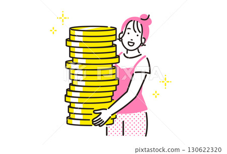 年輕女子手持堆疊硬幣 130622320