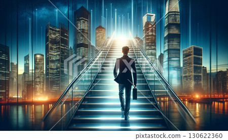一位男商人走上樓梯，走向光明未來的後視圖 130622360