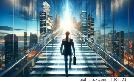 一位男商人爬樓梯走向光明未來的後視圖 130622361