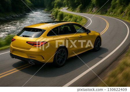 Dynamic yellow shooting brake car driving "AI generated image" 130622409