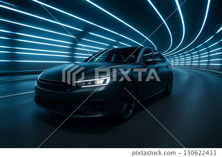 人工智慧生成的一輛未來派黑色轎車飛馳穿過 LED 隧道的圖像 130622411