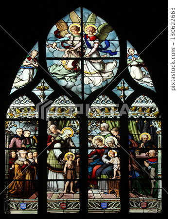 St. John the Baptist introduced by his mother, St. Elizabeth, the Infant Jesus and the Holy Kinship (The Virgin, St. Joseph and St. Anne), stained glass, Saint Severin church, Paris, France 130622663