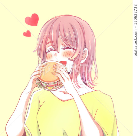 Chubby woman happily eating a hamburger with her mouth open 130622738