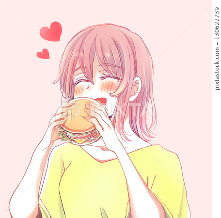 Chubby woman happily eating a hamburger with her mouth open 130622739