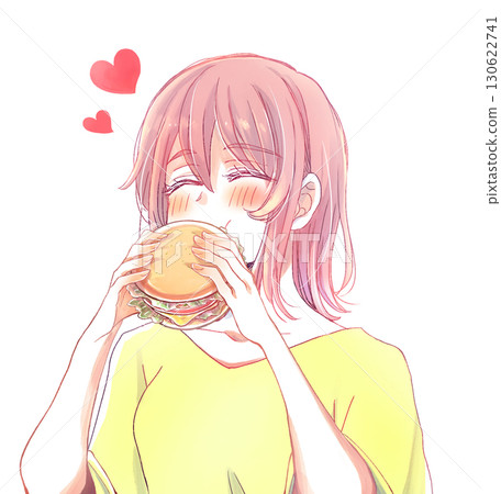 A chubby woman happily munching on a hamburger A chubby woman happily munching on a hamburger 130622741