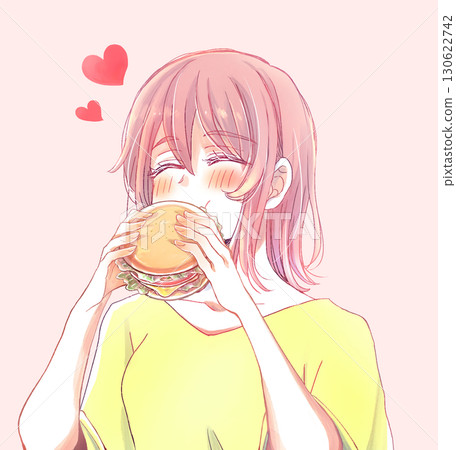 一位胖胖的女人開心地吃著漢堡包 一位胖胖的女人開心地吃著漢堡包 130622742