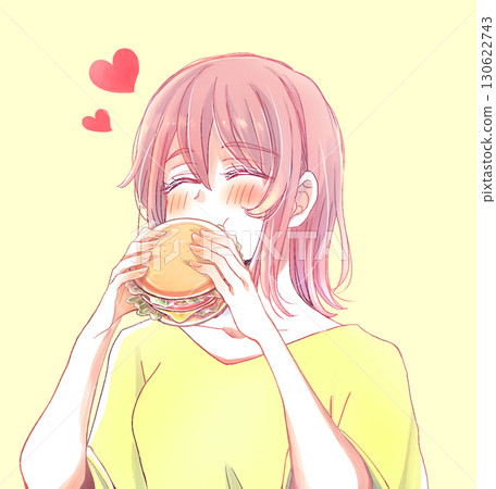 一位胖胖的女人開心地吃著漢堡包 130622743