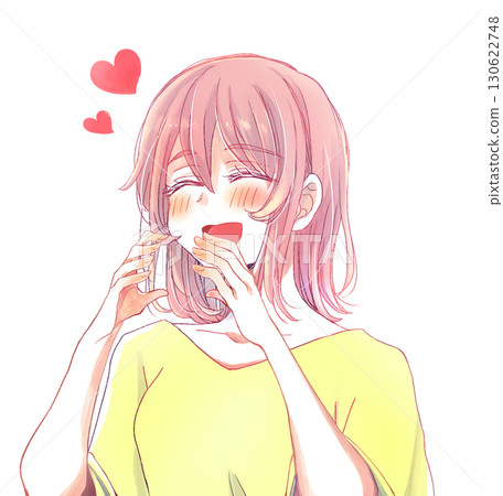 一個胖女人高興地把東西塞進嘴裡，張開嘴 130622748