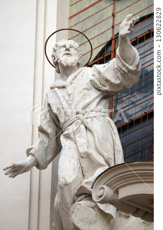 Stucco statue of St Francis Receiving the Stigmata on the facade of Santissime Stimmate di San Francesco church, Rome, Italy Stucco statue of St Francis Receiving the Stigmata on the facade of Santissime Stimmate di San Francesco church, Rome, Italy 130622829