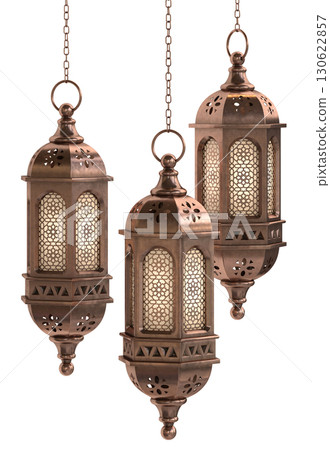 Decorative copper, brass and silver arabic lanterns isolated on white background 130622857