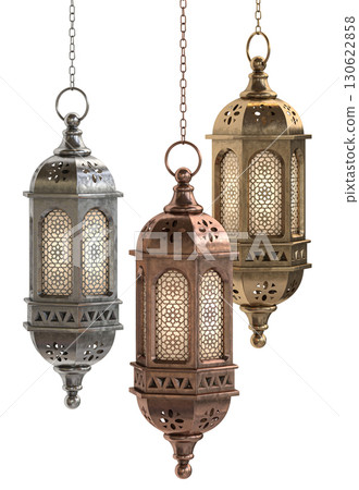 Decorative copper, brass and silver arabic lanterns isolated on white background 130622858