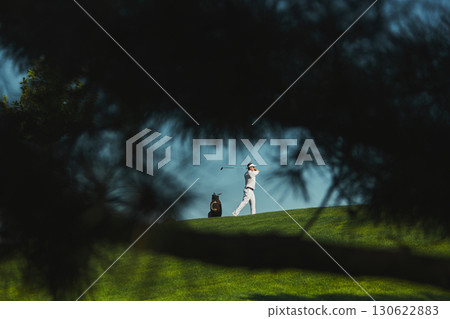 Golfer swing captured through trees in dramatic view 130622883