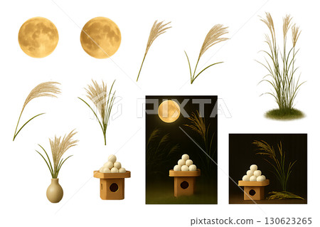 滿月、芒草和賞月餃子的逼真照片 滿月、芒草和賞月餃子的逼真照片 130623265