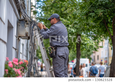 Electrician in uniform restoring power by repairing the wiring system while standing on  stepladder on busy city street 130623328