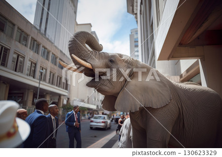 A large elephant in business district of city surrounded by people on street 130623329
