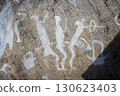 Prehistoric rock art with human figures and animals on stone surface, ancient carved drawing in Zalavruga 130623403