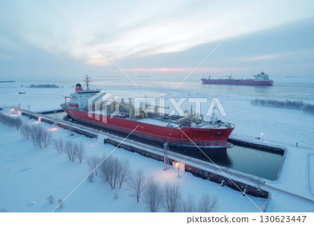 Aerial view of red cargo ships in icy winter port in arctic ocean, concept of northern sea route 130623447