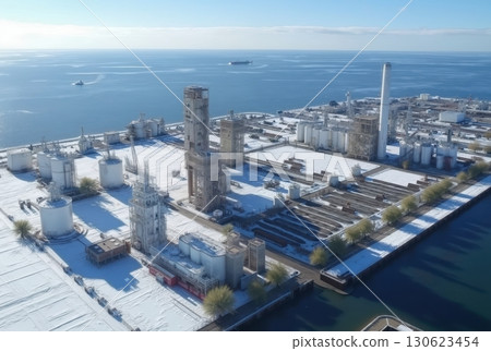 Aerial view of snow-covered coastal industrial facility with tanks and ocean horizon, gas and oil factory in arctic 130623454
