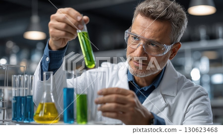 Scientist in laboratory analyzing colorful chemical test tubes with focused expression and protective eyewear 130623468