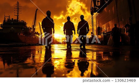 Silhouetted workers walking in industrial shipyard at sunset with dramatic sky and reflective wet surface 130623469