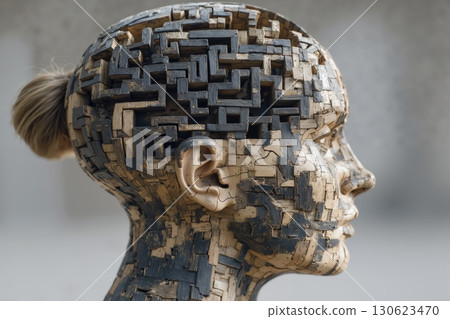 Intricate female brain maze puzzle concept reflecting complex thought processes and problem solving, woman theme 130623470