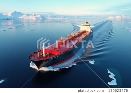 Majestic cargo ship navigating through pristine arctic waters surrounded by stunning icebergs and snowy mountains at sunrise 130623476