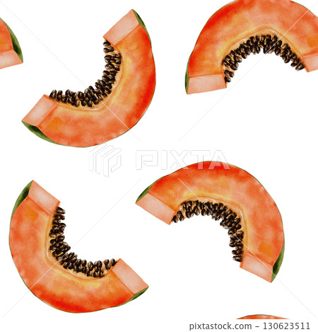 Papaya watercolor seamless pattern. Hand drawn ripe tropical fruit on white background. Ideal for textile, cosmetics and product packaging Papaya watercolor seamless pattern. Hand drawn ripe tropical fruit on white background. Ideal for textile, cosmetics and product packaging 130623511