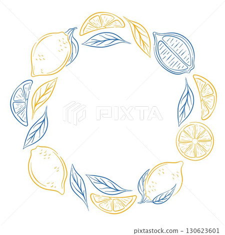 Lemon slice and leaf arranged in a circular frame on a white background in line art style for wedding invitation and greeting cards. Lemon slice and leaf arranged in a circular frame on a white background in line art style for wedding invitation and greeting cards. 130623601