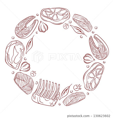 Meat and fish salmon cuts arranged in a circular frame with herbs, garlic and tomato on a white background in line art style. 130623602