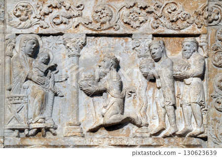 Birth of Jesus, Adoration of the Magi, medieval relief on the facade of Basilica of San Zeno in Verona, Italy Birth of Jesus, Adoration of the Magi, medieval relief on the facade of Basilica of San Zeno in Verona, Italy 130623639