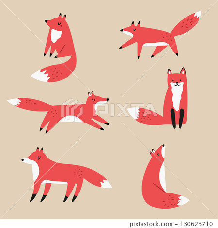 Cute Red Fox Illustration Set. Minimal Scandinavian Animal Vector illustration 130623710