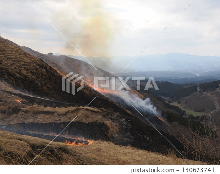火勢越過山脊－在紅木牧場上留下一條燃燒的路徑 130623741